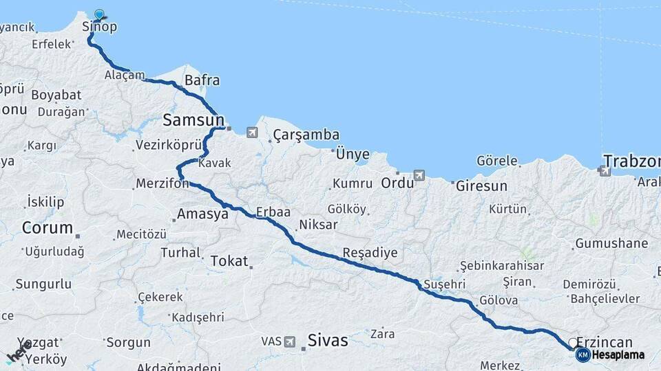 Sinop Erzincan Arası Kaç Km - Yol Haritası