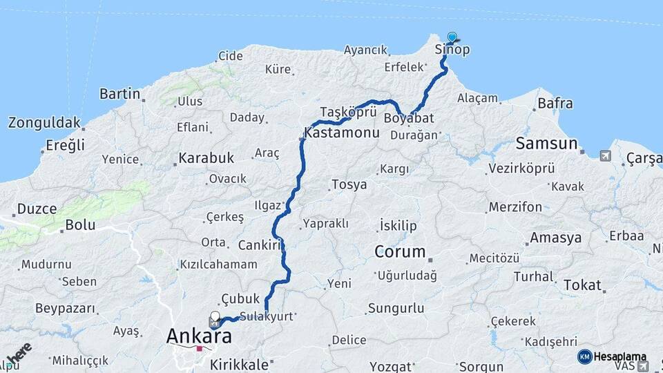 Sinop Esenboğa Havalimanı Arası Kaç Km - Yol Haritası