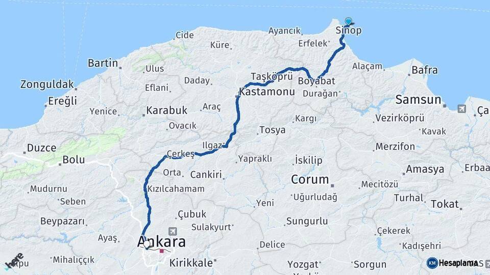 Sinop Etimesgut Ankara Arası Kaç Km - Yol Haritası