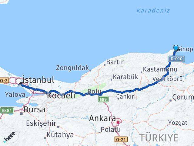 Sinop Eyüpsultan İstanbul Arası Kaç Km - Yol Haritası