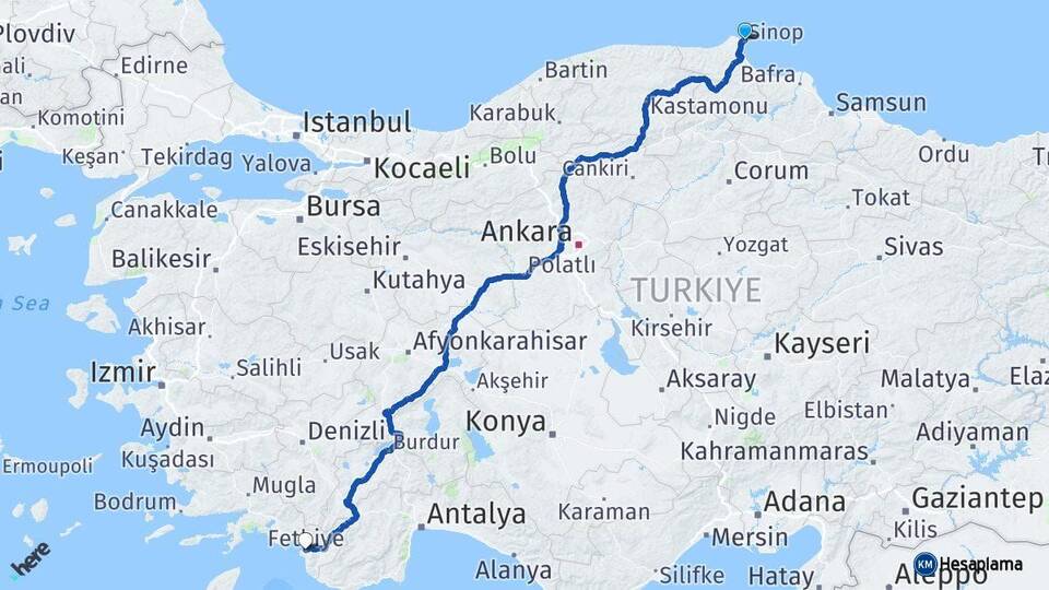 Sinop Fethiye Muğla Arası Kaç Km - Yol Haritası