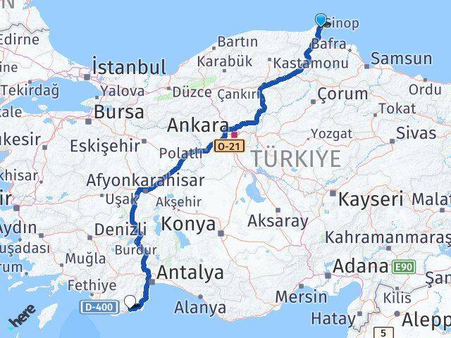 Sinop Finike Antalya Arası Kaç Km - Yol Haritası