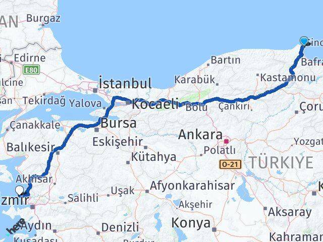 Sinop Foça İzmir Arası Kaç Km - Yol Haritası