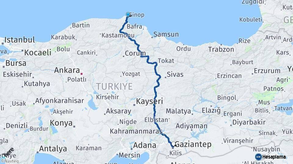 Sinop Gaziantep Arası Kaç Km - Yol Haritası