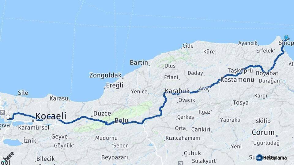 Sinop Gebze Kocaeli Arası Kaç Km - Yol Haritası