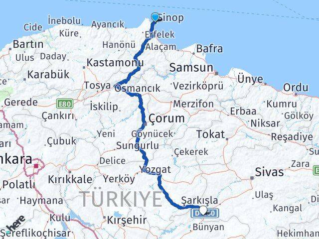 Sinop Gemerek Sivas Arası Kaç Km - Yol Haritası