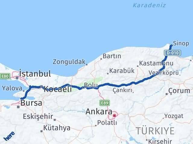 Sinop Gemlik Bursa Arası Kaç Km - Yol Haritası