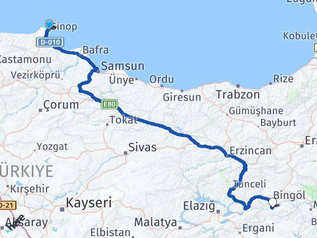 Sinop Genç Bingöl Arası Kaç Km - Yol Haritası