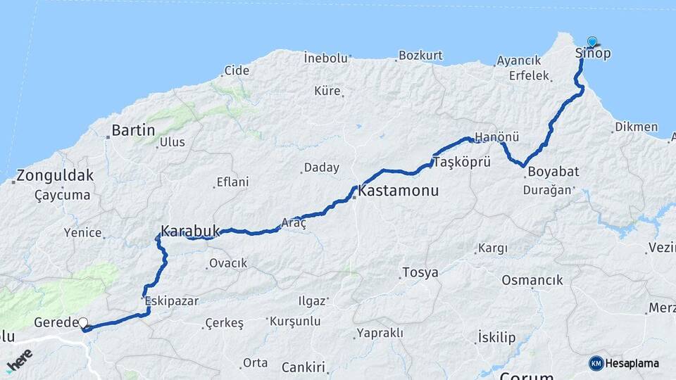 Sinop Gerede Bolu Arası Kaç Km - Yol Haritası