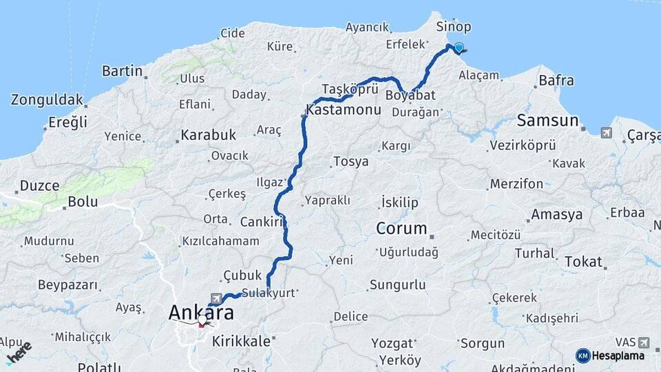 Sinop Gerze Ankara Arası Kaç Km - Yol Haritası