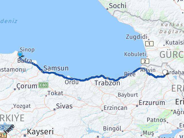 Sinop Gerze Ardahan Arası Kaç Km - Yol Haritası