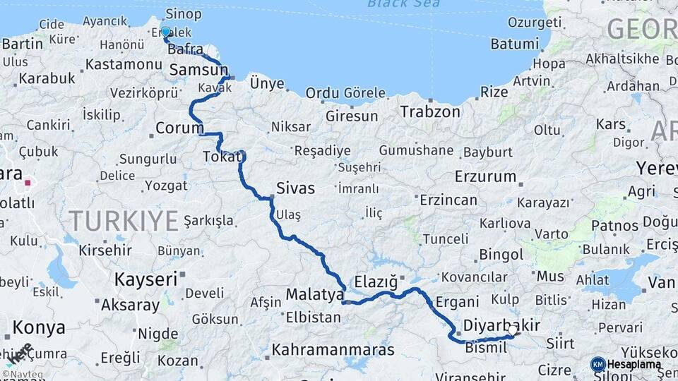 Sinop Gerze Batman Arası Kaç Km - Yol Haritası