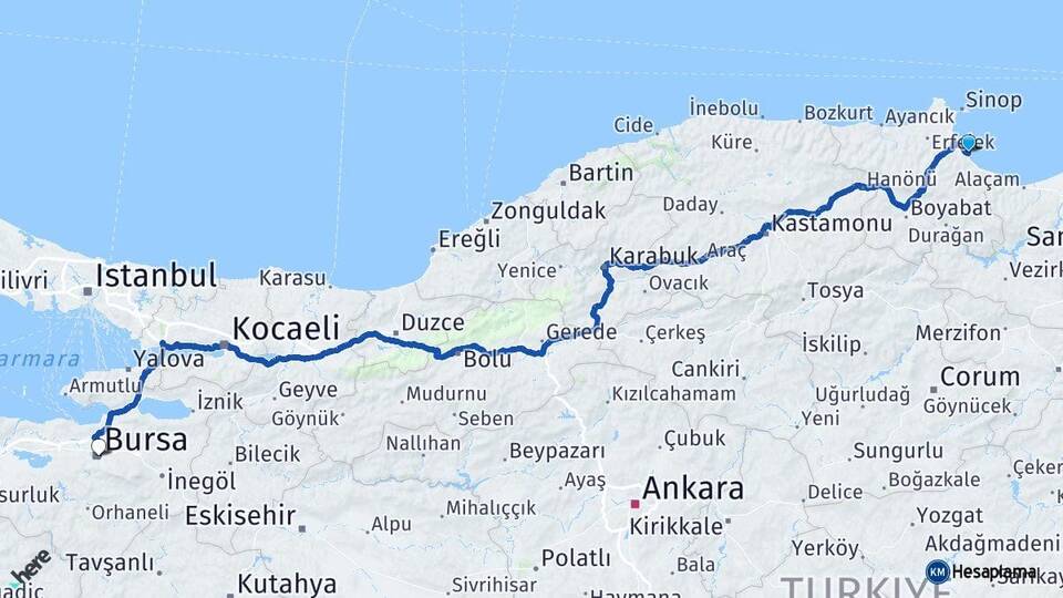 Sinop Gerze Bursa Arası Kaç Km - Yol Haritası
