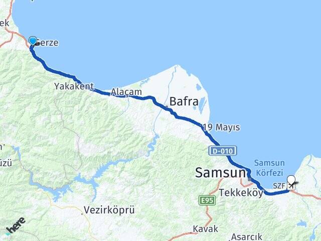 Sinop Gerze Çarşamba Havalimanı Arası Kaç Km - Yol Haritası