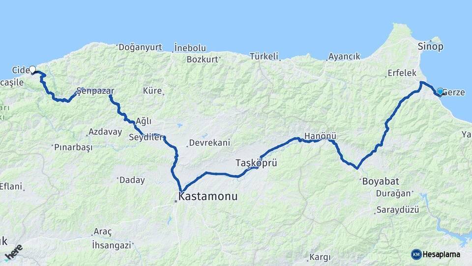Sinop Gerze Cide Kastamonu Arası Kaç Km - Yol Haritası