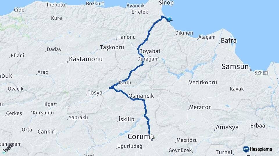 Sinop Gerze Çorum Arası Kaç Km - Yol Haritası