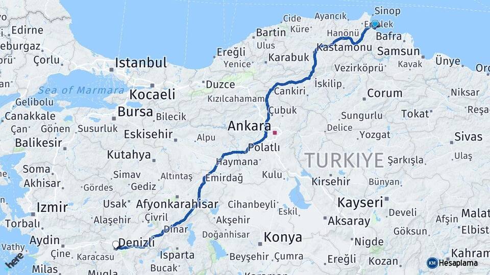 Sinop Gerze Denizli Arası Kaç Km - Yol Haritası