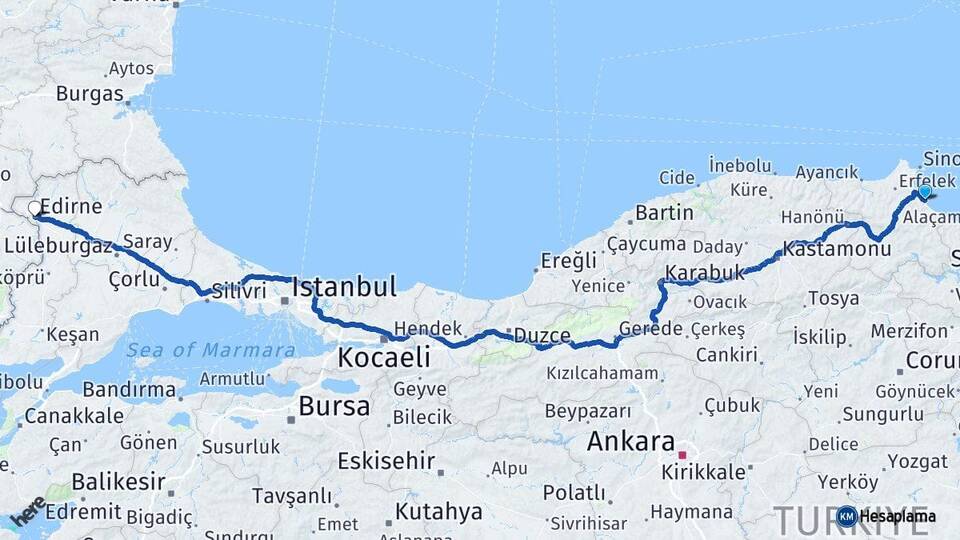 Sinop Gerze Edirne Arası Kaç Km - Yol Haritası