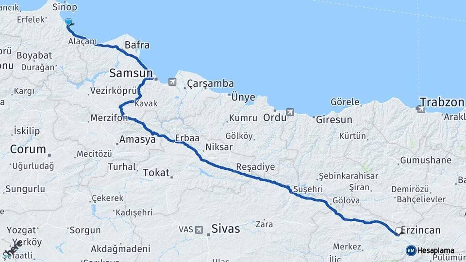 Sinop Gerze Erzincan Arası Kaç Km - Yol Haritası