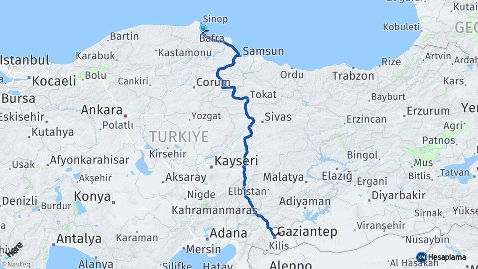 Sinop Gerze Gaziantep Arası Kaç Km - Yol Haritası