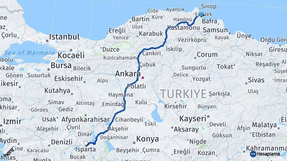 Sinop Gerze Isparta Arası Kaç Km - Yol Haritası
