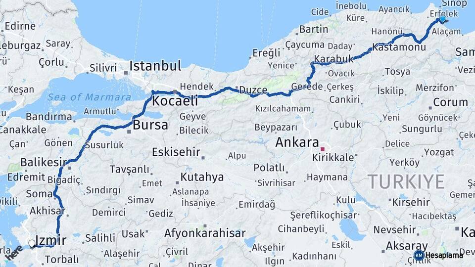 Sinop Gerze İzmir Arası Kaç Km - Yol Haritası