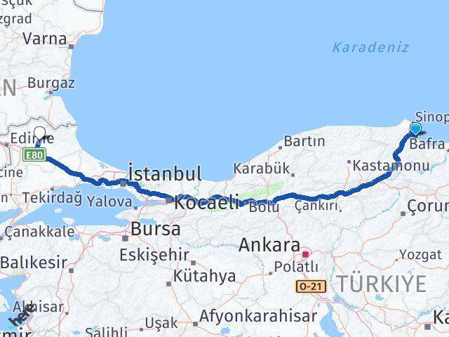 Sinop Gerze Kırklareli Arası Kaç Km - Yol Haritası