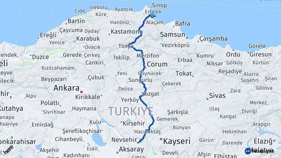 Sinop Gerze Nevşehir Arası Kaç Km - Yol Haritası