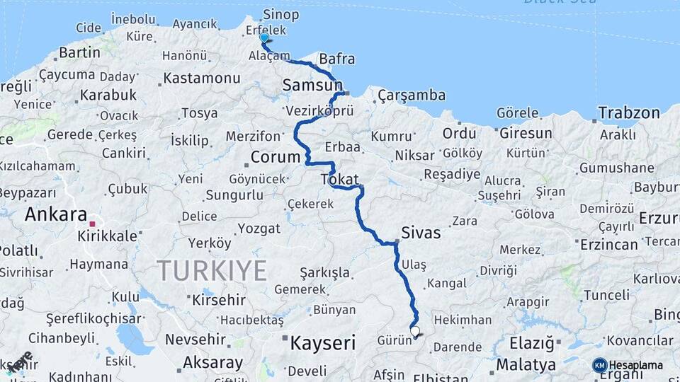 Sinop Gerze Sinop Havalimanı Arası Kaç Km - Yol Haritası