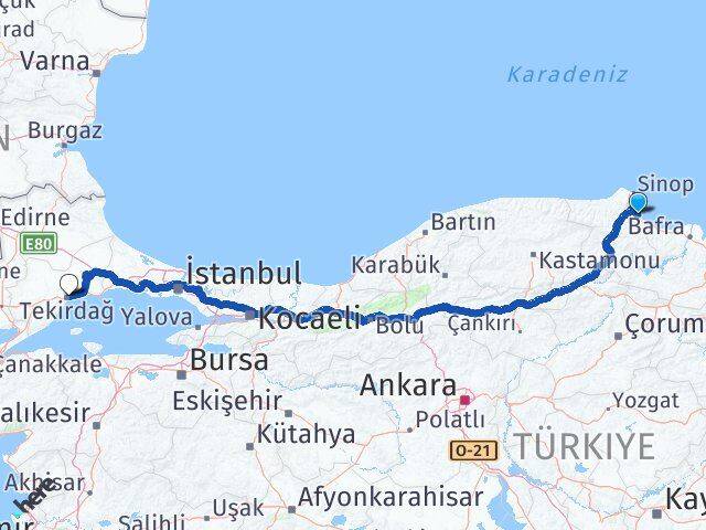 Sinop Gerze Tekirdağ Arası Kaç Km - Yol Haritası