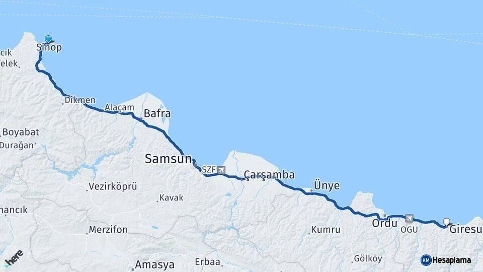 Sinop Giresun Arası Kaç Km - Yol Haritası
