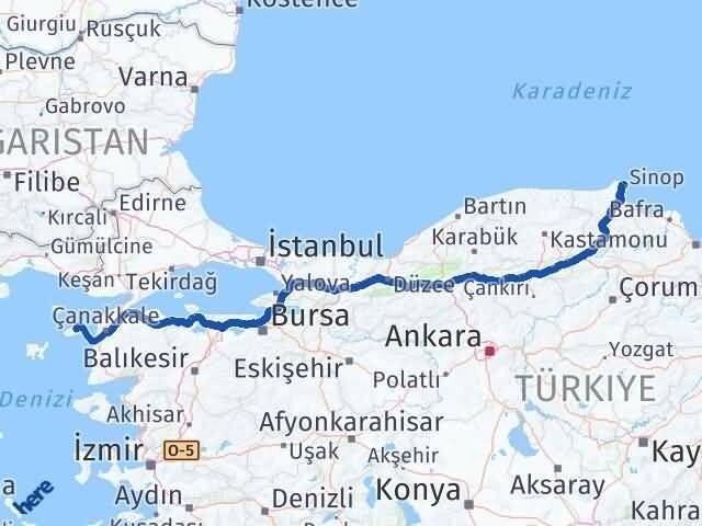 Sinop Gökçeada Çanakkale Arası Kaç Km - Yol Haritası