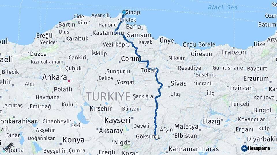 Sinop Göksun Kahramanmaraş Arası Kaç Km - Yol Haritası