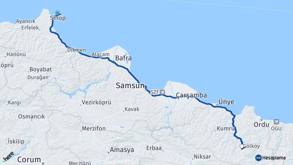Sinop Gölköy Ordu Arası Kaç Km - Yol Haritası