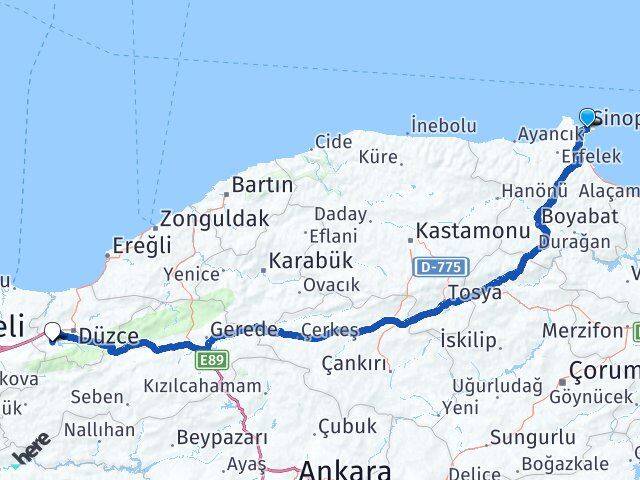 Sinop Gölyaka Düzce Arası Kaç Km - Yol Haritası