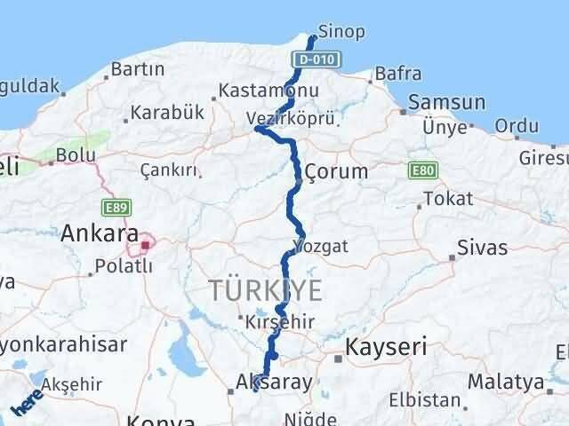 Sinop Gülağaç Aksaray Arası Kaç Km - Yol Haritası