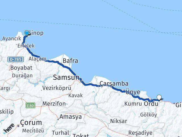 Sinop Gülyalı Ordu Arası Kaç Km - Yol Haritası