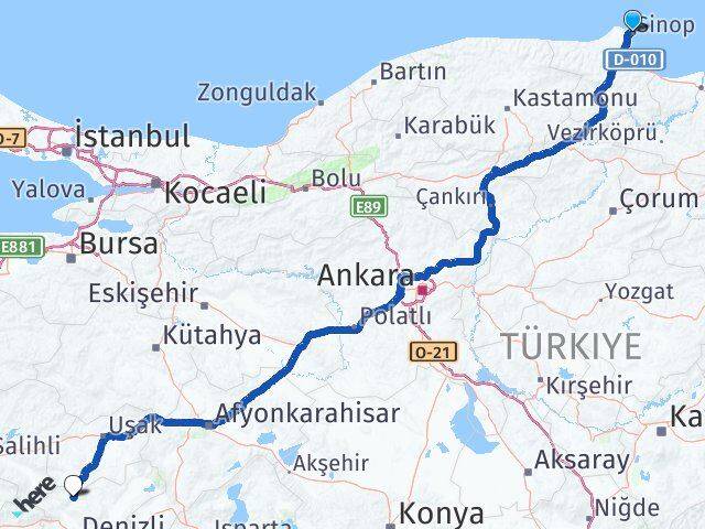Sinop Güney Denizli Arası Kaç Km - Yol Haritası