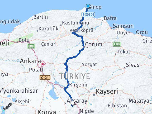 Sinop Güzelyurt Aksaray Arası Kaç Km - Yol Haritası