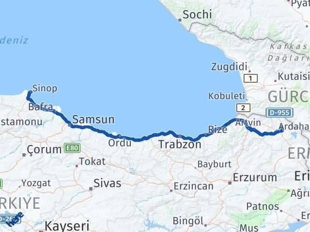 Sinop Hanak Ardahan Arası Kaç Km - Yol Haritası