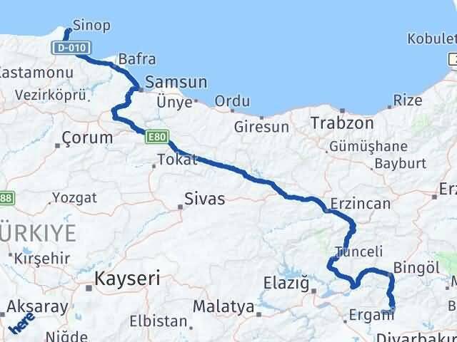 Sinop Hani Diyarbakır Arası Kaç Km - Yol Haritası