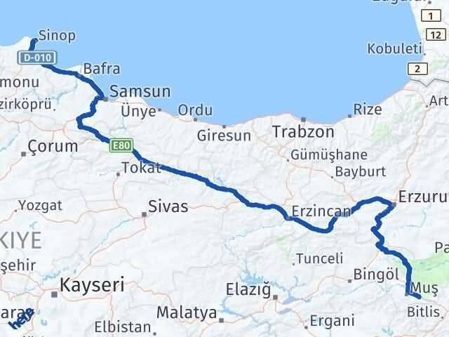 Sinop Hasköy Muş Arası Kaç Km - Yol Haritası