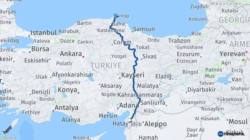 Sinop Hatay Arası Kaç Km - Yol Haritası
