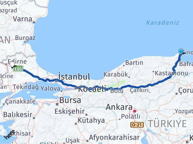 Sinop Havsa Edirne Arası Kaç Km - Yol Haritası