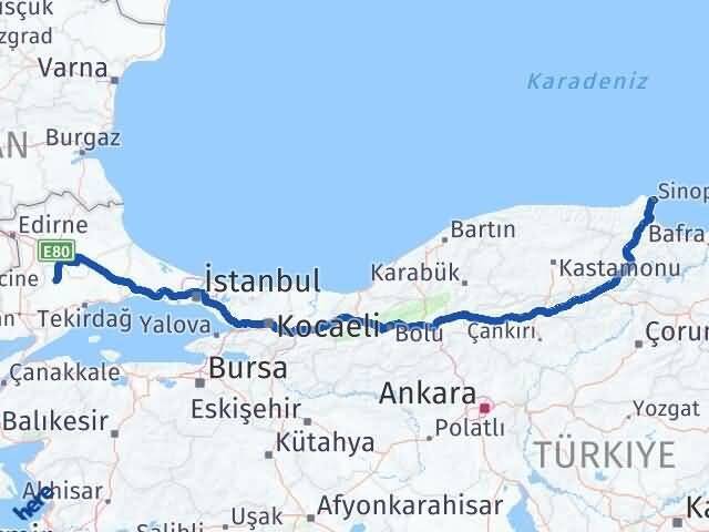 Sinop Hayrabolu Tekirdağ Arası Kaç Km - Yol Haritası
