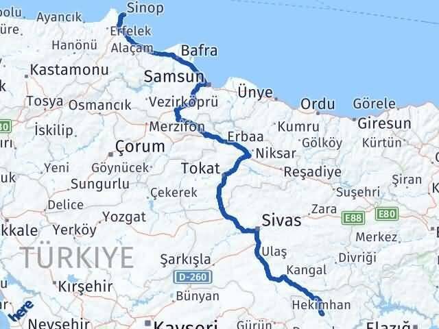 Sinop Hekimhan Malatya Arası Kaç Km - Yol Haritası