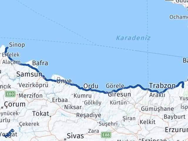 Sinop Hemşin Rize Arası Kaç Km - Yol Haritası