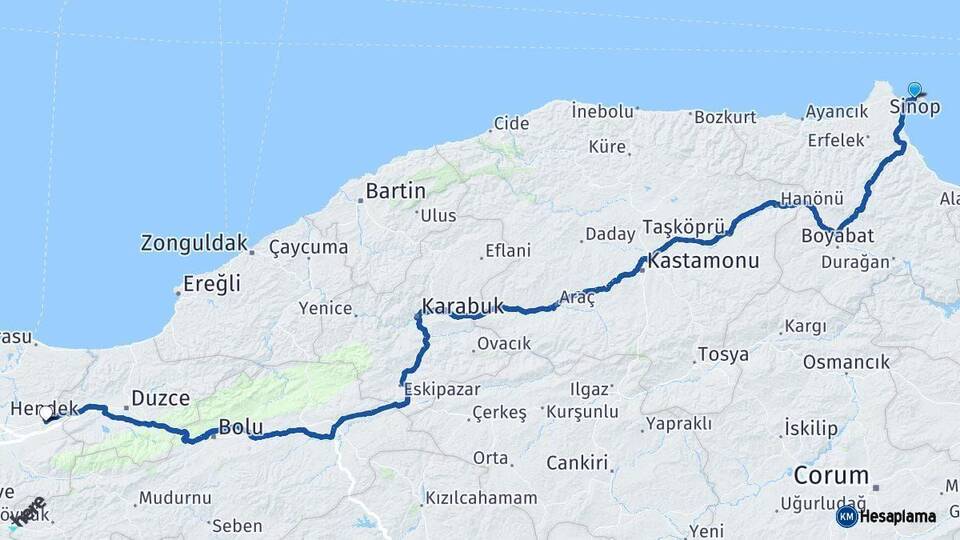 Sinop Hendek Sakarya Arası Kaç Km - Yol Haritası