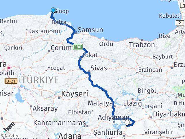 Sinop Hilvan Şanlıurfa Arası Kaç Km - Yol Haritası