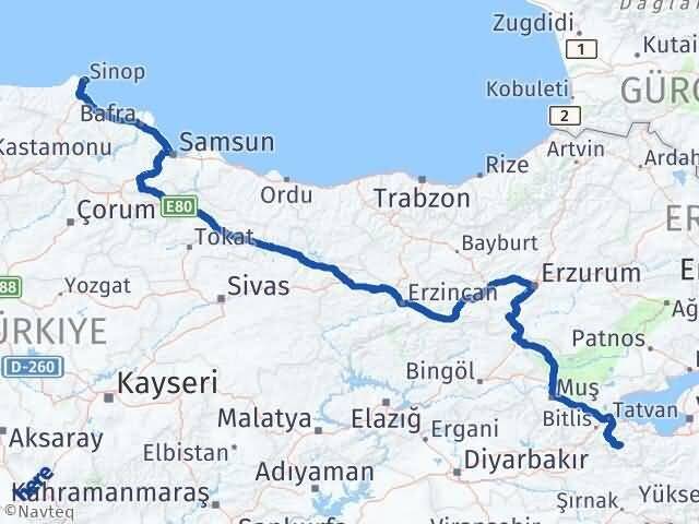 Sinop Hizan Bitlis Arası Kaç Km - Yol Haritası